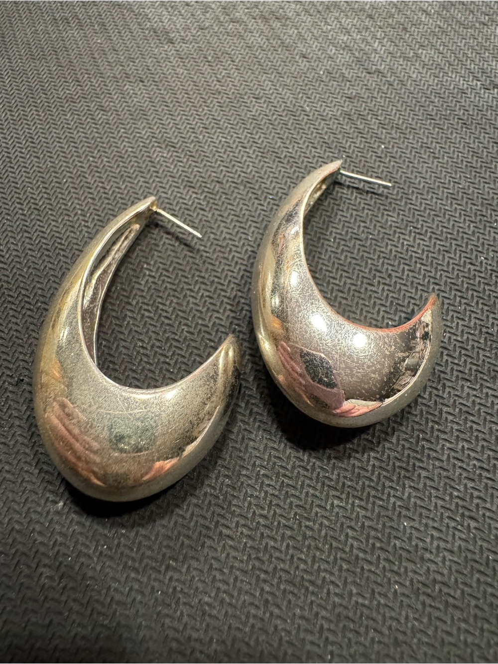 Vintage Silver Tone Chunky Hollow Crescent Half Hoop Earrings
